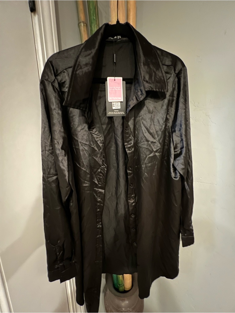 PrettyLittleThing Black Satin Shirt Dress
